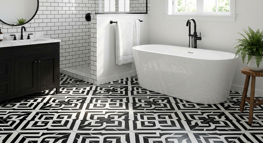 Bathroom Flooring Trends 2026 - 8. High-Contrast Black and White Themes.png