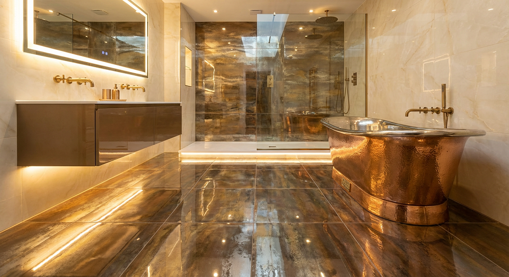 Bathroom Flooring Trends 2026 - 9. Metallic and Reflective Finishes.png
